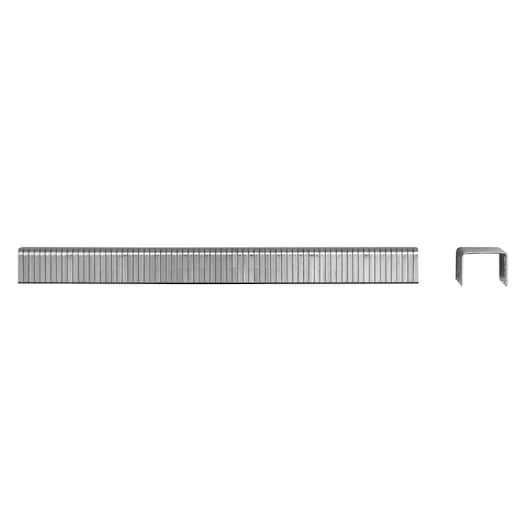 A strip of metal staples with one individual staple shown beside it, displayed against a white background.