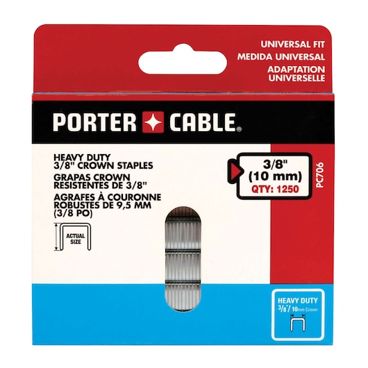 Box of PORTER-CABLE heavy duty 3/8 inch crown staples, SKU PC706, contains 1250 staples. The packaging is red, white, and blue with text in English, Spanish, and French indicating universal fit and actual staple size. There is a small transparent window showing the staples inside.