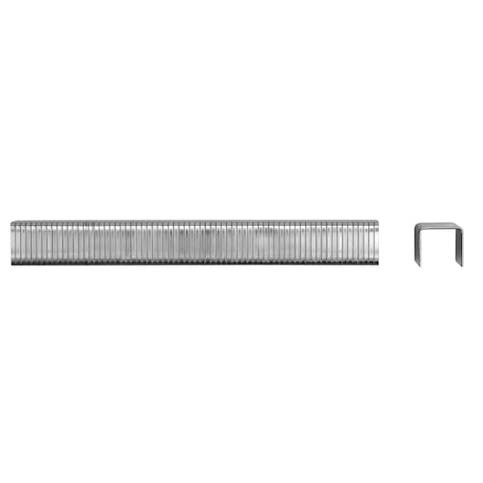 A stack of metal staples, with one staple shown separately to display its shape.