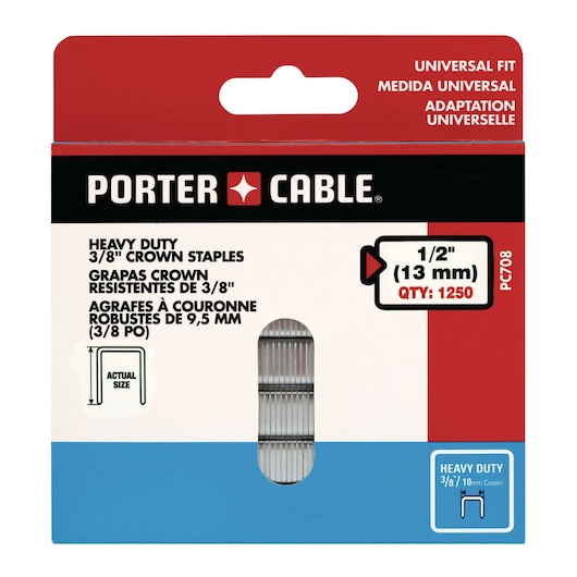Box of PORTER-CABLE heavy duty 3/8 inch crown staples, universal fit, model PC708. The package contains 1250 staples, each with a 1/2 inch (13 mm) length and a 3/8 inch crown. The packaging displays actual size illustration and product information in English, Spanish, and French.