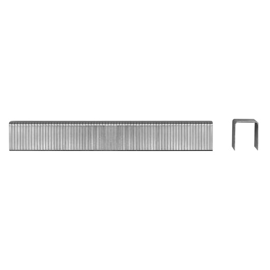 A stack of metal staples is shown horizontally, with one single staple displayed upright to the right of the stack.