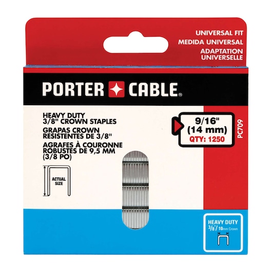 A box of PORTER-CABLE heavy duty 3/8 inch crown staples, universal fit, model PC709. The packaging indicates the staples are 9/16 inch (14 mm) in quantity of 1250. The box includes text in English, Spanish, and French, and features a visible section showing the actual staples inside.