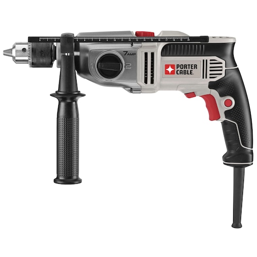 A PORTER-CABLE corded hammer drill with a side handle and adjustable depth gauge, featuring a black and gray body with red accents.