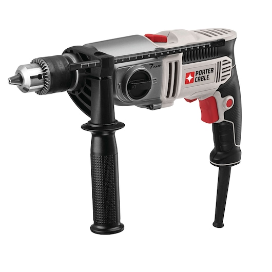 A PORTER-CABLE branded corded electric drill with a side handle and depth gauge, shown against a white background. The drill has a black and silver body with red accents.