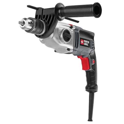 A PORTER-CABLE branded electric drill with a black and red handle, a silver metal body, and a side grip attachment. The drill features a keyless chuck and an ergonomic design for comfortable use.
