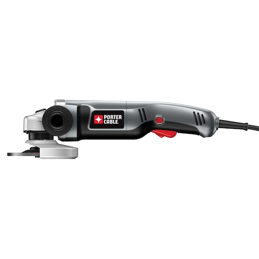 A side view of a PORTER-CABLE electric angle grinder, model PC750AG, featuring a black and silver body with red accents and a visible power cord.