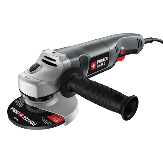 A PORTER-CABLE angle grinder with a black handle and a grinding disc, shown on a white background.