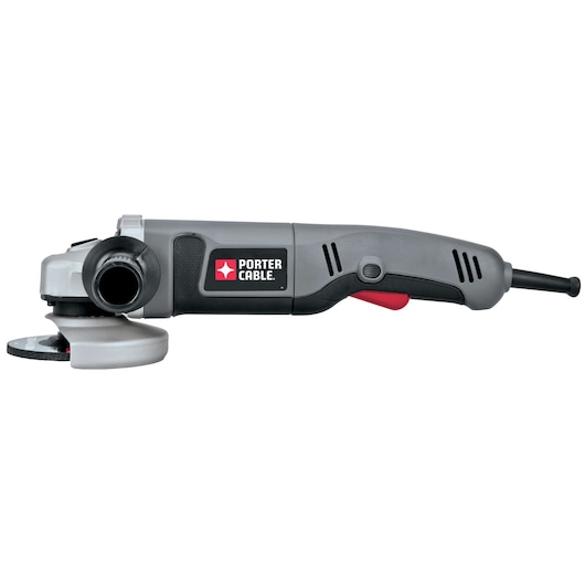 A PORTER-CABLE electric angle grinder with a side handle, gray and black body, and red trigger, shown on a white background.