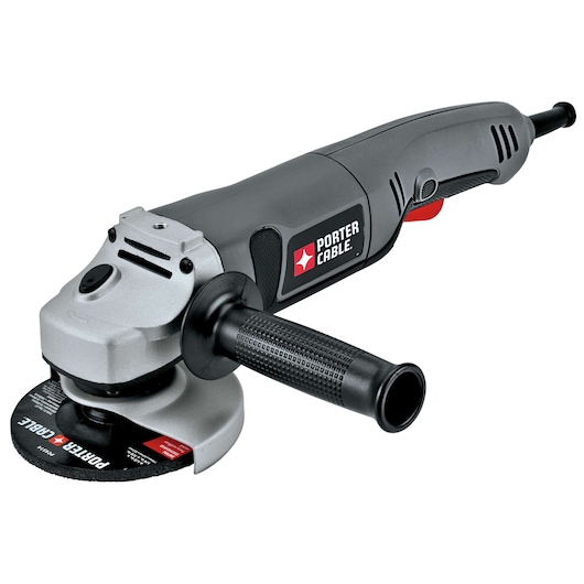 A PORTER-CABLE angle grinder with a black handle, gray and black body, and a visible grinding disc.