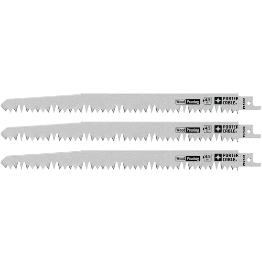 Three PORTER-CABLE wood pruning reciprocating saw blades, each labeled with 4/5 TPI and the model number PC760R, arranged side by side.