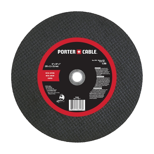 PORTER-CABLE 14-inch metal cutting wheel, black with a red and black center label displaying product details and specifications, including SKU PC8030.