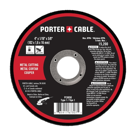 A PORTER-CABLE metal cutting disc, model PC8050, with a 4-inch diameter and 5/8-inch arbor hole. The disc is labeled for cutting metal and includes safety warnings and instructions in English, Spanish, and French. The maximum RPM is 15,200. The product is primarily black and red and features icons showing proper usage and safety precautions.