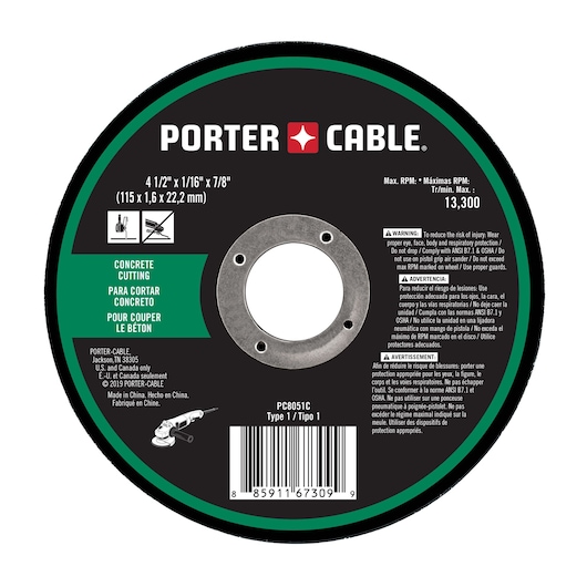 PORTER-CABLE concrete cutting wheel for angle grinders, model PC8051C. The circular disc is black and green with product details in English, Spanish, and French. It specifies size as 4 1/2 inches x 1/16 inch x 7/8 inch (115 x 1.6 x 22.2 mm), Type 1. Includes warnings, barcode, and maximum RPM of 13,300. Suitable for cutting concrete.