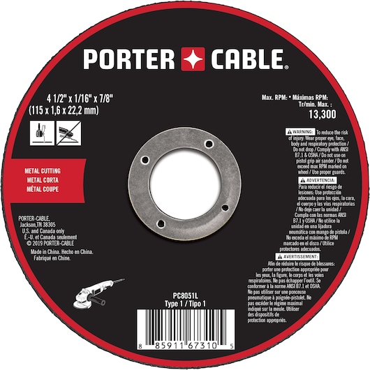 Image of a PORTER-CABLE metal cutting disc, model PC8051L, with specifications 4 1/2 inch x 1/16 inch x 7/8 inch (115 x 1.6 x 22.2 mm). The disc has safety warnings and instructions in English, Spanish, and French, and indicates a maximum RPM of 13,300. It is labeled for use in the U.S. and Canada only, made in China, and features a barcode at the bottom.