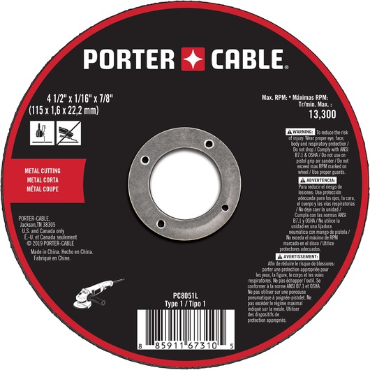PORTER-CABLE metal cutting wheel, model PC8051L, shown in a close-up image. The round disc displays product specifications including size: 4 1/2 inch x 1/16 inch x 7/8 inch (115 x 1.6 x 22.2 mm), maximum RPM 13,300, and is labeled for metal cutting. Safety instructions are printed in English, Spanish, and French. Includes a barcode, icons of metal cutting tools, and manufacturer information.
