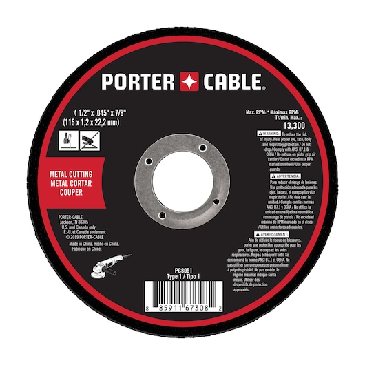 PORTER-CABLE metal cutting disc, model PC8051, Type 1, diameter 4 1/2 inches, thickness 0.045 inches, hole size 7/8 inches (115 x 1.2 x 22.2 mm). The disc features safety warnings, multilingual labeling, and is intended for use with metal cutting tools. Maximum RPM: 13,300.