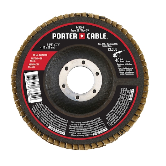 A PORTER-CABLE aluminum oxide flap disc for metal blending, type 29, model PC8206. The disc is 4 1/2 inches by 7/8 inches (115 x 22 mm), 40 grit, with a maximum speed of 13,300 RPM. The product label includes multilingual information and safety warnings.