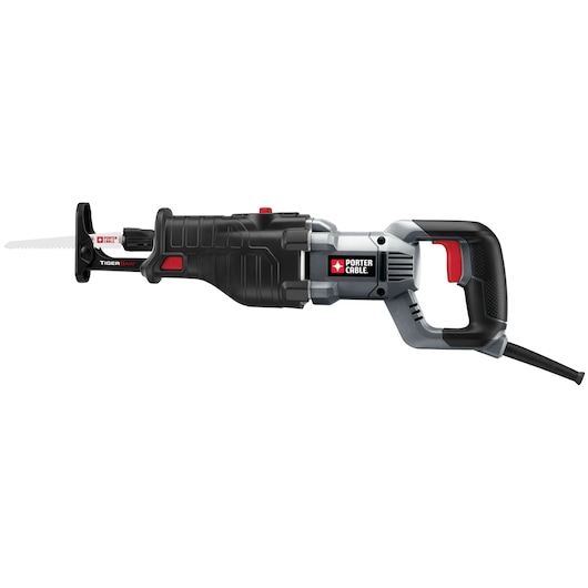 A PORTER-CABLE TigerSaw reciprocating saw with a black and grey body, red accents, and a visible saw blade. The tool is shown from the side, displaying its ergonomic handle and power cord.