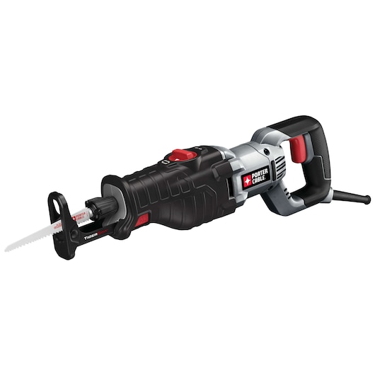 PORTER-CABLE reciprocating saw with black and gray body, visible blade, ergonomic handle, and power cord.