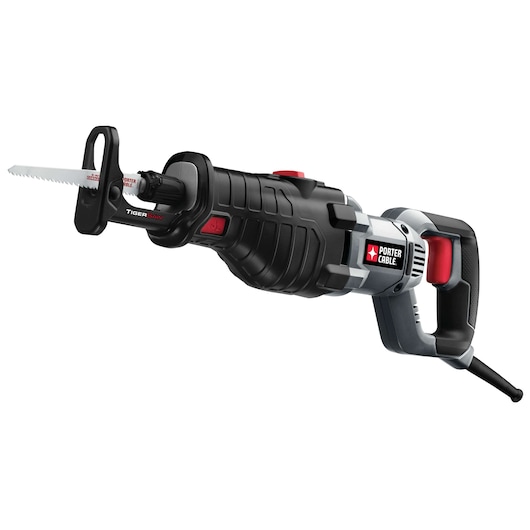 A PORTER-CABLE TigerSaw reciprocating saw, model PC85TRSOK, with a black and gray body, red accents, and a visible blade. The saw is corded and designed for heavy-duty cutting tasks.
