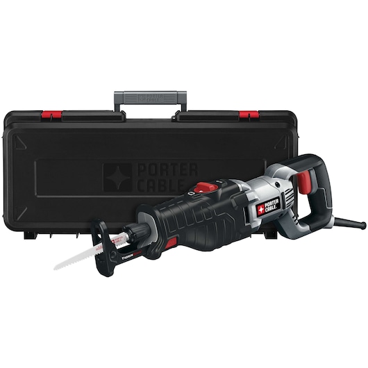 A PORTER-CABLE reciprocating saw with a black and silver handle and red accents, shown in front of a black hard carrying case. The saw is plugged in and positioned horizontally.