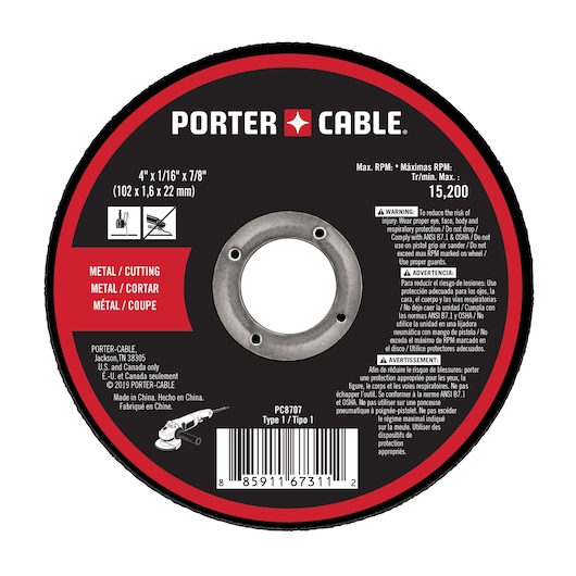 PORTER-CABLE metal cutting wheel, model PC8707, black and red round disc with specifications 4 x 1/16 x 7/8 inches. Maximum RPM 15,200. For cutting metal, with safety and usage warnings, barcode, and icons for cutting applications.