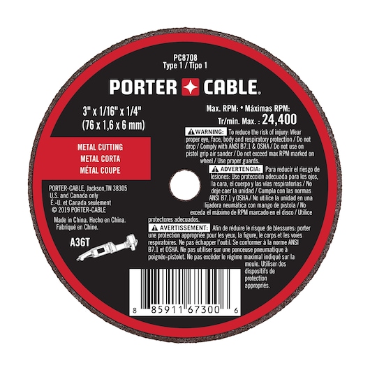 PORTER-CABLE metal cutting wheel, model PC8708, Type 1. The round disc is labeled with specifications: 3 inches x 1/16 inch x 1/4 inch (76 x 1.6 x 6 mm). It shows maximum RPM of 24,400, safety instructions in English, Spanish, and French, and product details including manufacturing origin and barcode.
