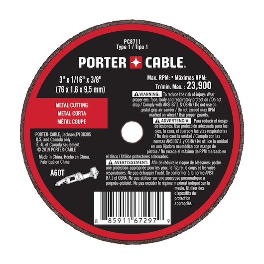 A PORTER-CABLE metal cutting disc labeled PC8711, Type 1, measuring 3 inches x 1/16 inch x 3/8 inch (76 x 1.6 x 9.5 mm). The disc has warnings for proper safety protection in English, Spanish, and French, with a maximum RPM of 23,900. The design includes a barcode and information that the product is made in China and distributed in the U.S. and Canada.