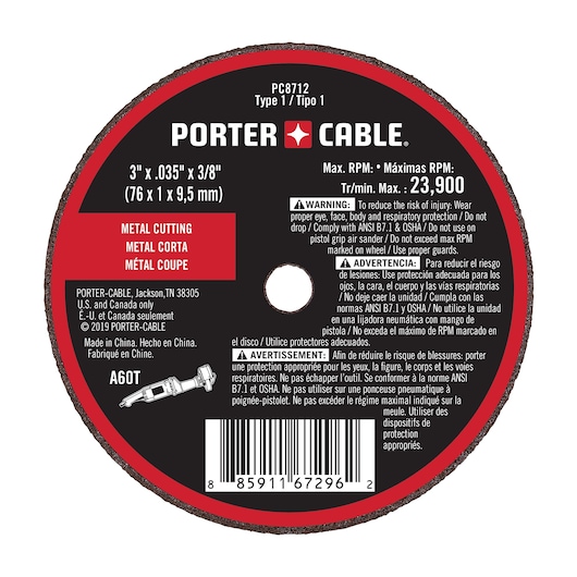 PORTER-CABLE branded metal cutting wheel, model PC8712, with dimensions 3 inches by 0.035 inches by 3/8 inch (76 x 1 x 9.5 mm). The label includes safety warnings in English, Spanish, and French regarding proper protection for eyes, face, body, and respiratory system, and instructions not to exceed a maximum RPM of 23,900. The product is made in China and intended for use in the U.S. and Canada. A barcode and product information are displayed at the bottom.