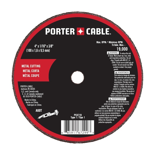 A PORTER-CABLE branded round metal cutting wheel, model PC8719, 4 inch diameter by 1/16 inch thick by 3/8 inch arbor. The wheel is labeled for metal cutting and includes safety instructions in English, Spanish, and French. The maximum RPM is 19,000. The product has a black and red design with warning and manufacturer information.