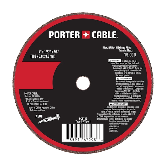 A PORTER-CABLE branded abrasive cutting wheel, model PC8720, with a black and red design. The wheel is labeled with its dimensions: 4 inches x 1/32 inch x 3/8 inch (102 x 0.8 x 9.5 mm). It specifies a maximum RPM of 19,000 and provides safety warnings in English, Spanish, and French regarding proper usage and protective equipment. There is a barcode at the bottom and product details including the SKU and brand origin are visible.