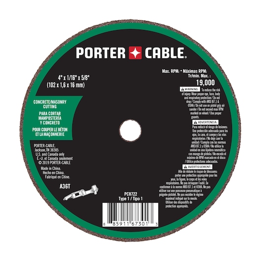 PORTER-CABLE branded circular cutting wheel designed for concrete and masonry. The wheel has a green and black label with product details, safety warnings in English, Spanish, and French, and specifications such as size (4 x 1/16 x 5/8 inches), maximum RPM (19,000), and barcode. Model number PC8722 is shown.