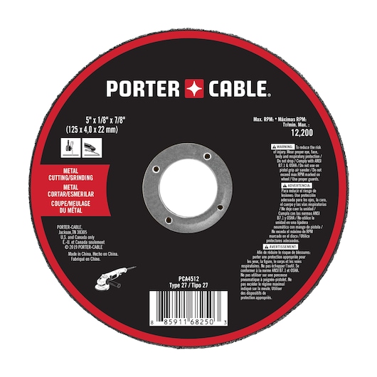 PORTER-CABLE metal cutting and grinding wheel, model PCA4512, Type 27, designed for 5-inch angle grinders. The disc shows specifications, safety warnings, and instructions in English, Spanish, and French. The maximum RPM is 12,200, and it is suitable for cutting or grinding metal. The center of the wheel has a mounting hole and several smaller holes.