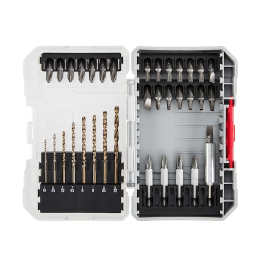 A plastic case containing a set of drill bits and screwdriver bits, neatly organized in individual compartments. The case is open, revealing various sizes and types of metal bits for use with power tools.