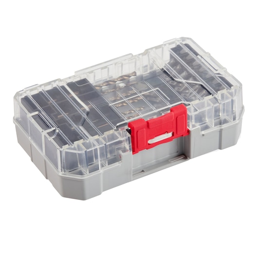 A plastic storage case with a clear lid, gray bottom, and red latch, containing multiple drill bits organized in compartments.
