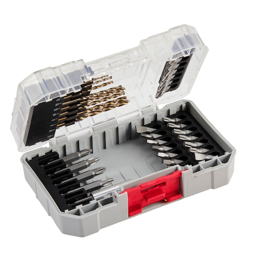 A PORTER-CABLE branded drill and driver bit set in a gray plastic case with a clear lid. The case is open, showing multiple drill bits and driver bits organized in slots inside.