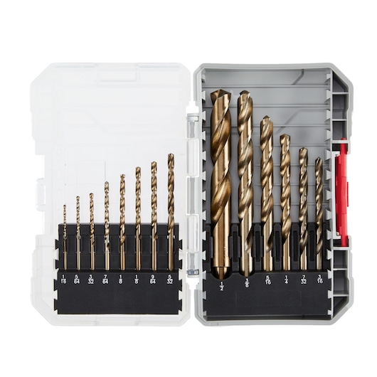 A set of metal drill bits in various sizes organized in a plastic storage case with a transparent lid, arranged in two rows with size markings visible below each drill bit.
