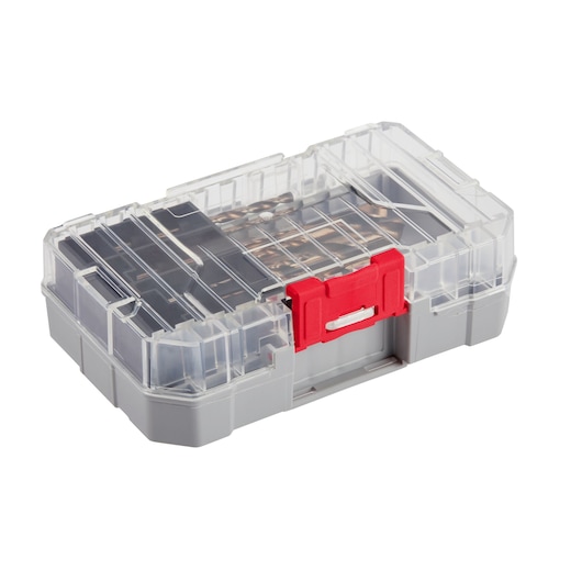 A transparent plastic storage case with a grey base and a red latch, containing various metal photography accessories or hardware, viewed from an angle.