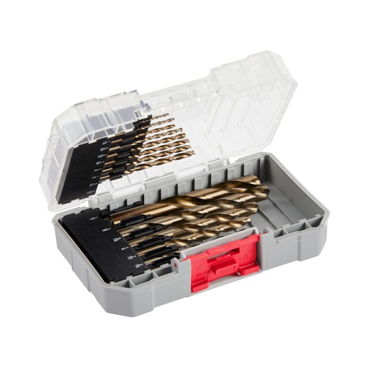 A set of metallic drill bits organized in a gray plastic carrying case with a clear lid and red latch. The drill bits are arranged by size, and the case is open showing the contents.