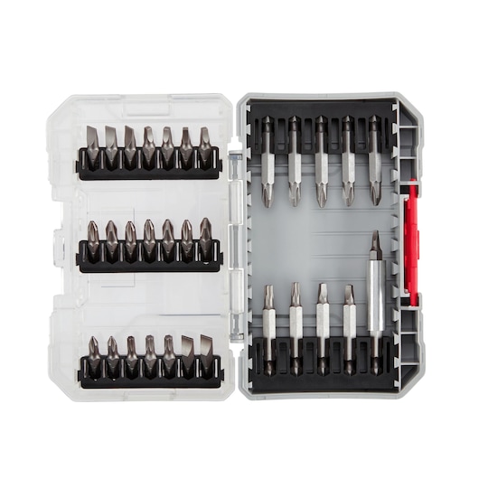 A PORTER-CABLE 32-piece screwdriver bit set in a plastic case, shown open to display various types and sizes of metal bits organized in rows.