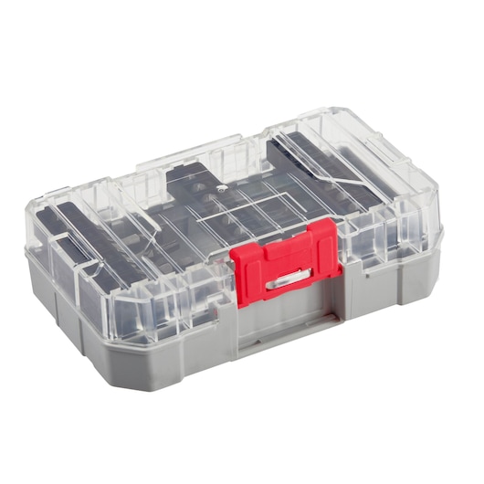 A clear plastic storage case with a gray base and a red latch, shown closed. The case is rectangular and designed for organizing small items.