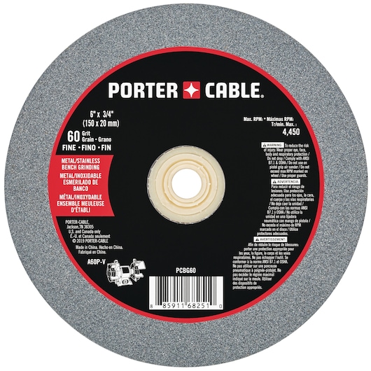 PORTER-CABLE 6 inch by 3/4 inch bench grinding wheel for metal and stainless steel, 60 grit fine grain. The wheel is gray with a black center label, includes safety warnings and specifications, and a barcode at the bottom.