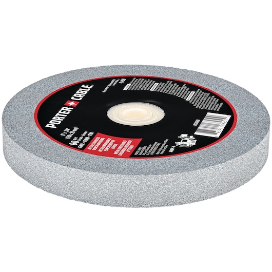 PORTER-CABLE bench grinding wheel, model PCBG60, with a gray abrasive surface and a central hole, used for sharpening and grinding metal.