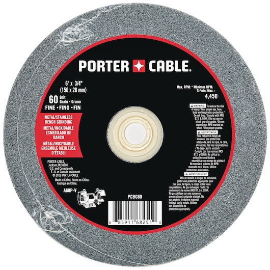 PORTER-CABLE metal and stainless bench grinding wheel, 6 inch by 3/4 inch (150 x 20 mm), 60 grit fine grain. The grinding wheel is gray with a black and red center label displaying specifications, warnings, barcode, and usage instructions. Suitable for metal and stainless steel grinding on bench grinders.