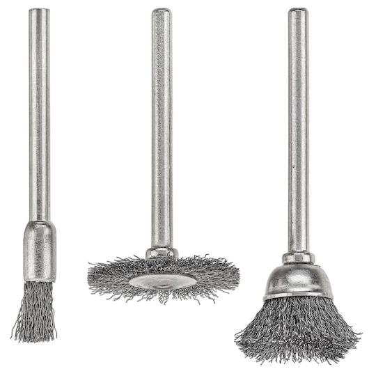 Three metal rotary brush attachments with wire bristles, each featuring a different brush head shape for use with power tools, shown against a white background.