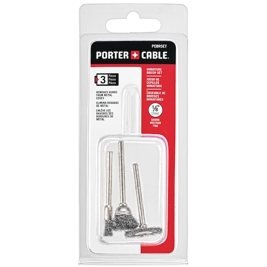 PORTER-CABLE miniature brush set in retail packaging, containing three metal brush attachments designed for removing burrs from metal edges. The package shows the brushes in a clear plastic window, and the label indicates 1/8 inch shank size.