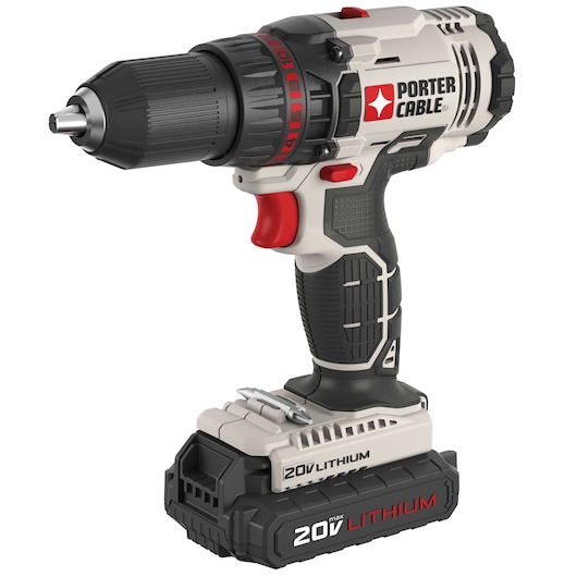 A PORTER-CABLE branded 20V lithium cordless power drill with a grey, black, and red design. The drill features an ergonomic handle, a keyless chuck, and a visible battery pack at the base.