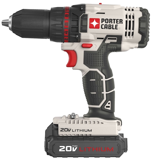 A PORTER-CABLE cordless power drill with a 20V lithium battery, featuring a black and gray design with red accents, shown in a side profile.