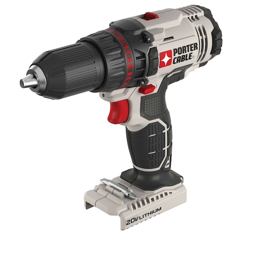 A PORTER-CABLE cordless power drill with a 20V lithium battery, featuring a black and gray body, red trigger, and textured grip. The drill is shown without a bit installed.