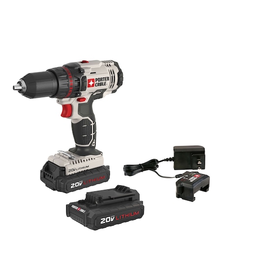 PORTER-CABLE cordless drill kit featuring a gray and black drill with red accents, two 20V lithium-ion batteries, and a charging adapter.